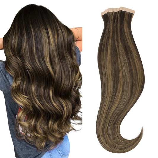 Extensiones de Cabello Natural con Cinta 14” – Castaño Oscuro y Claro Mezclado